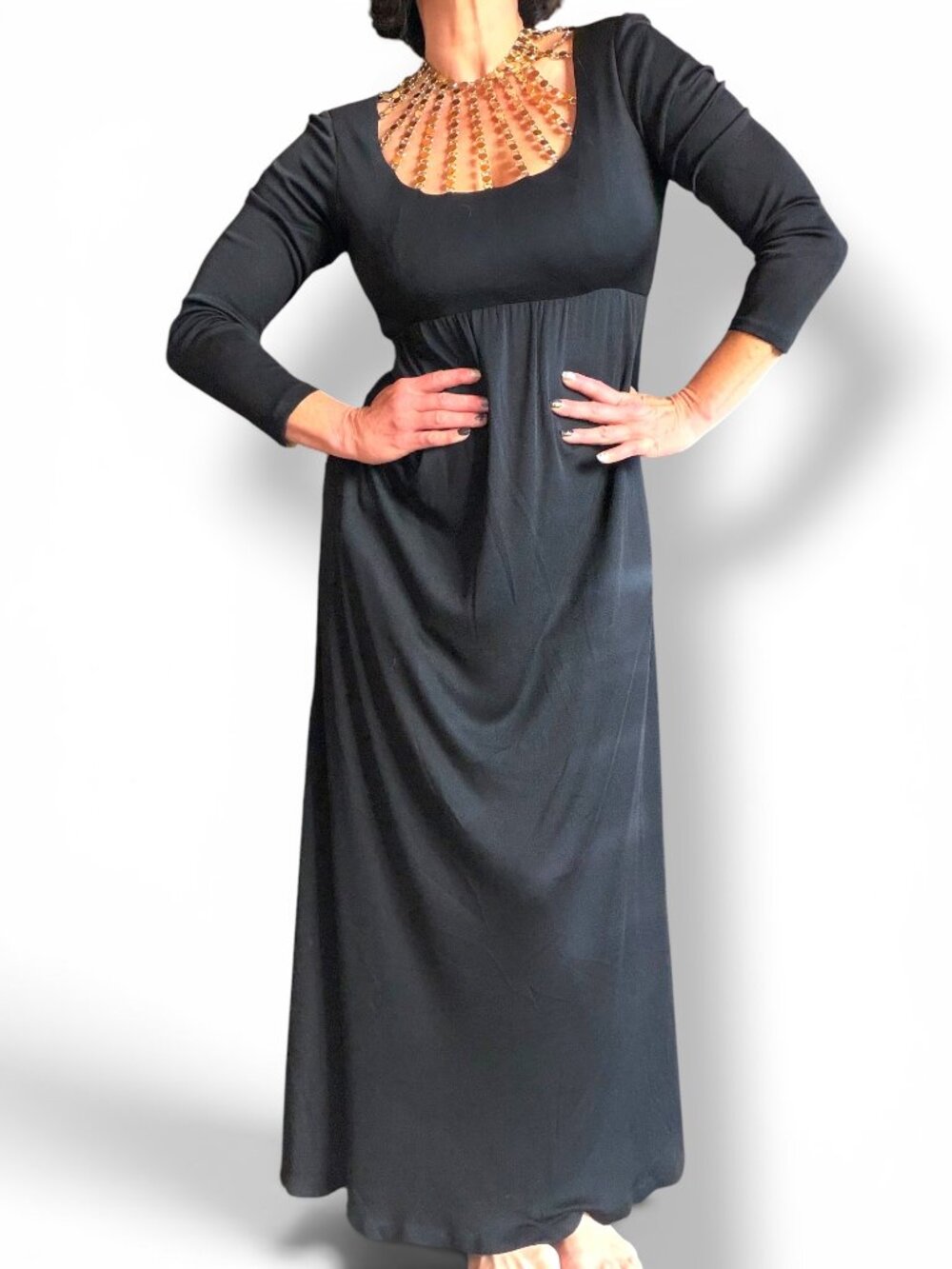 Vintage 1990 Black Maxi Gown Gold Chain Cage Neck CRC Hollywood Archive  carrief